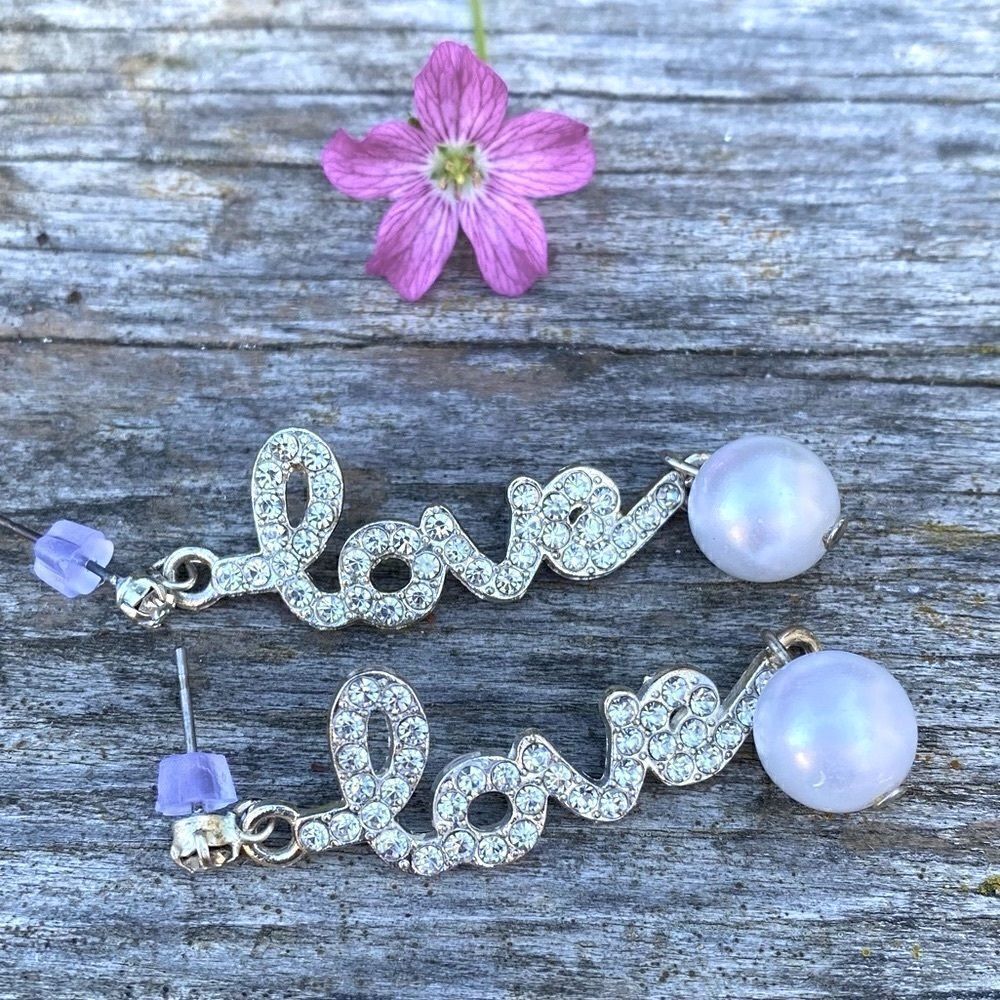 Handmade "Love" Earrings w/Rhinestones and Faux Pearl. New!